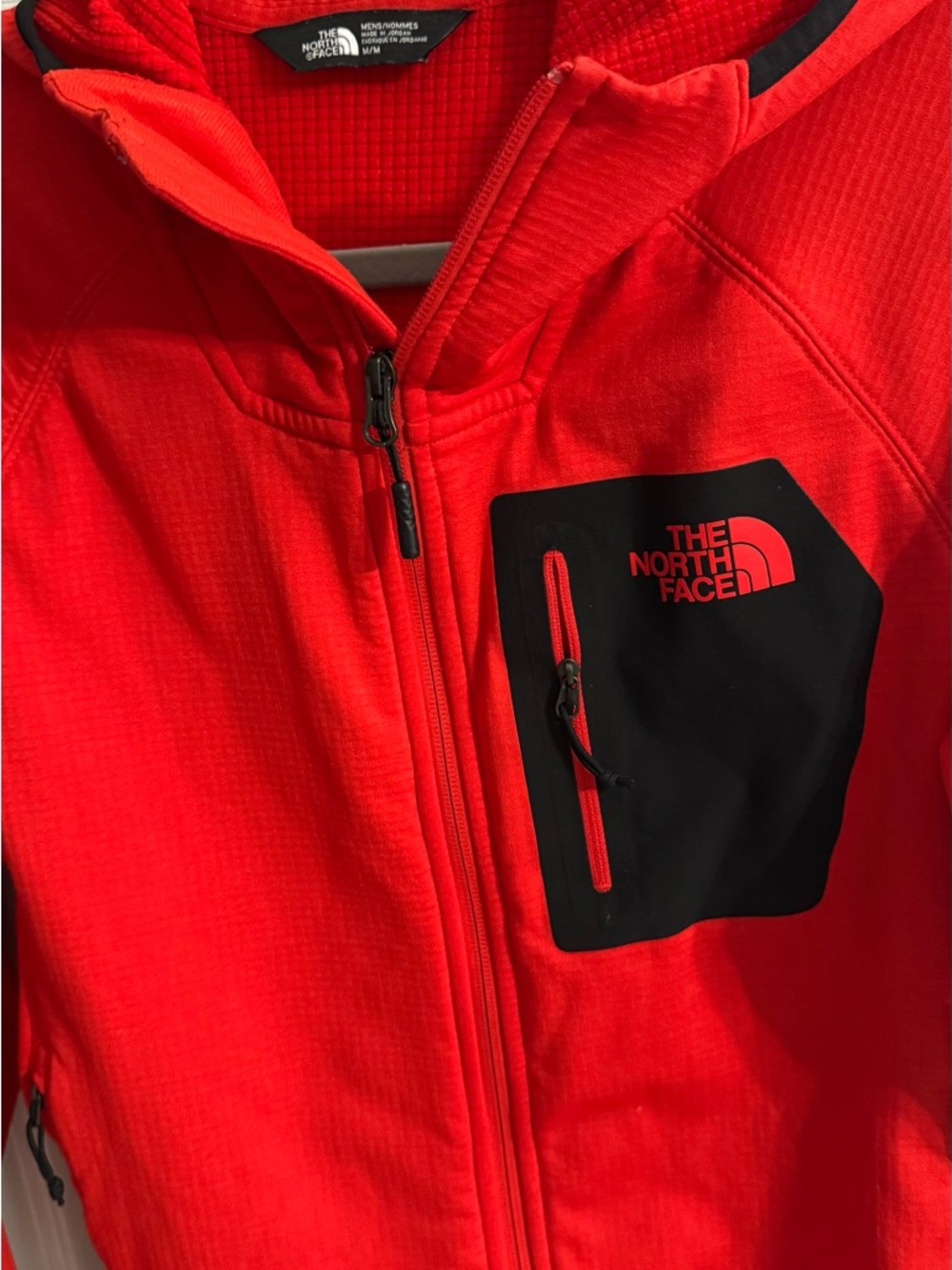 The North Face Red Hooded Performance Jacket with Black Chest Pocket - Picture 2 of 3